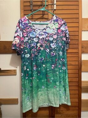 Floral V-Neck Ombre Tunic Dress - Green Multicolor
